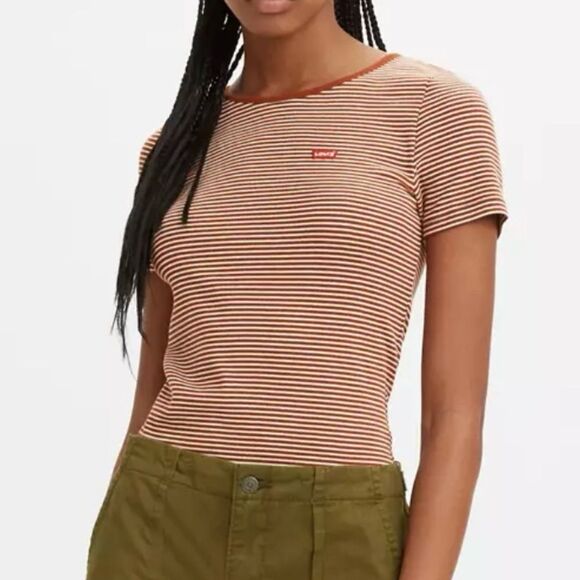 Levi's Honey Short Sleeve Rust/Cream Striped Pullover Slim Fit T Shirt Size XL - Picture 1 of 12